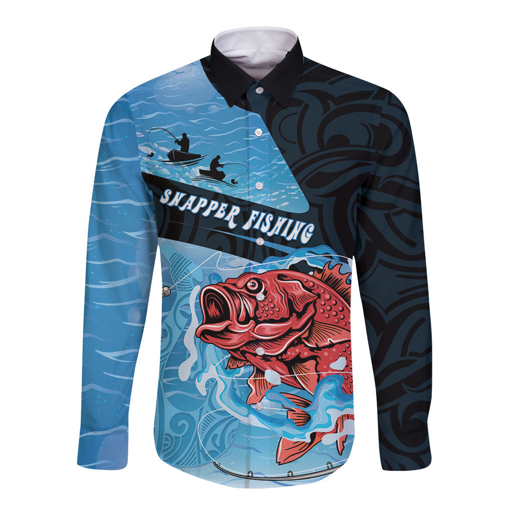 Personalised Snapper Fishing New Zealand Long Sleeve Button Shirt Tamure Fish Hook Maori Pattern