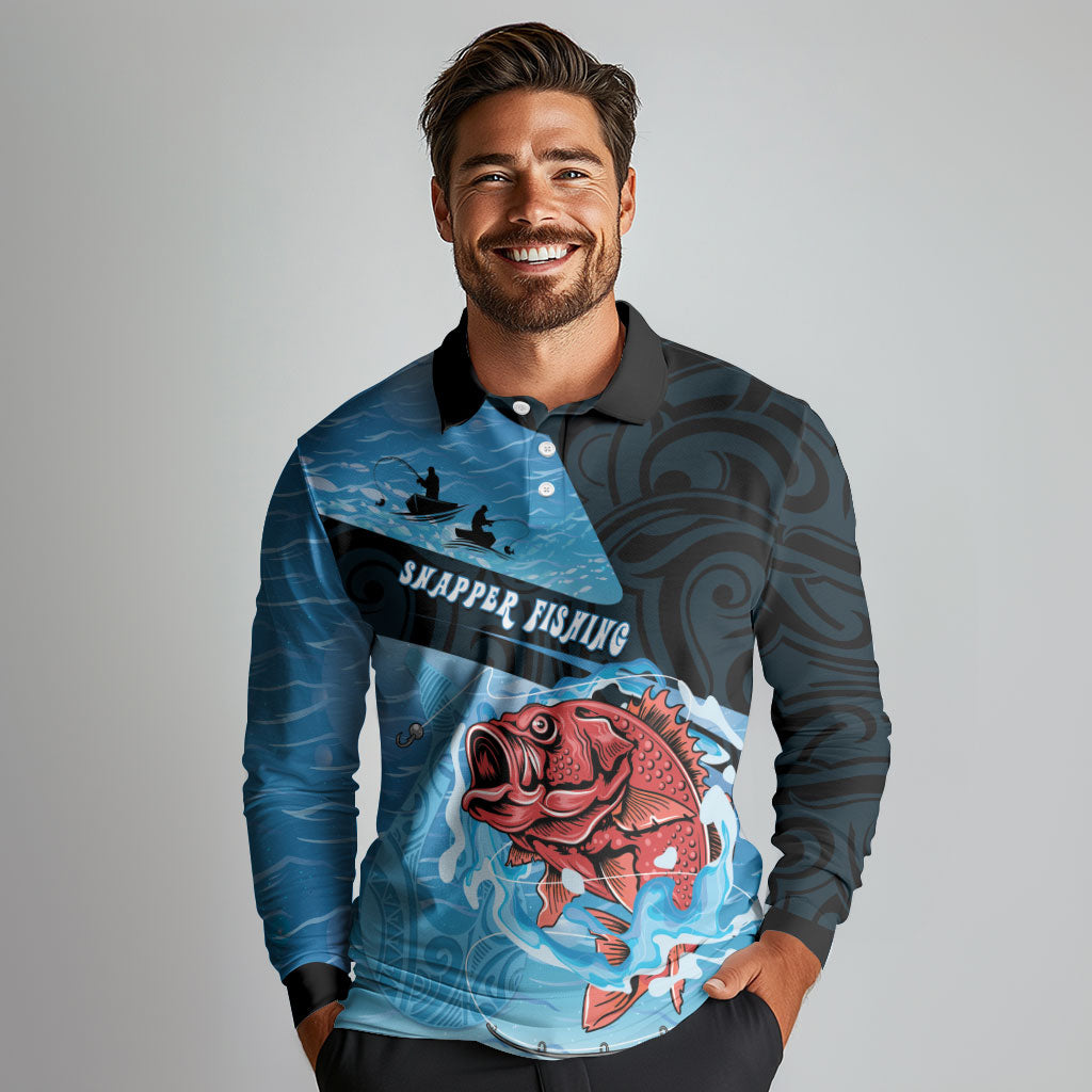 Personalised Snapper Fishing New Zealand Long Sleeve Polo Shirt Tamure Fish Hook Maori Pattern LT22 - Polynesian Pride