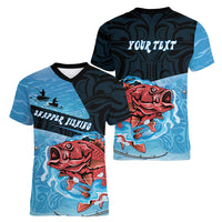 Personalised Snapper Fishing New Zealand Women V-Neck T-Shirt Tamure Fish Hook Maori Pattern