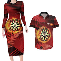 Personalised Darts New Zealand Couples Matching Long Sleeve Bodycon Dress and Hawaiian Shirt Silver Fern Red Color