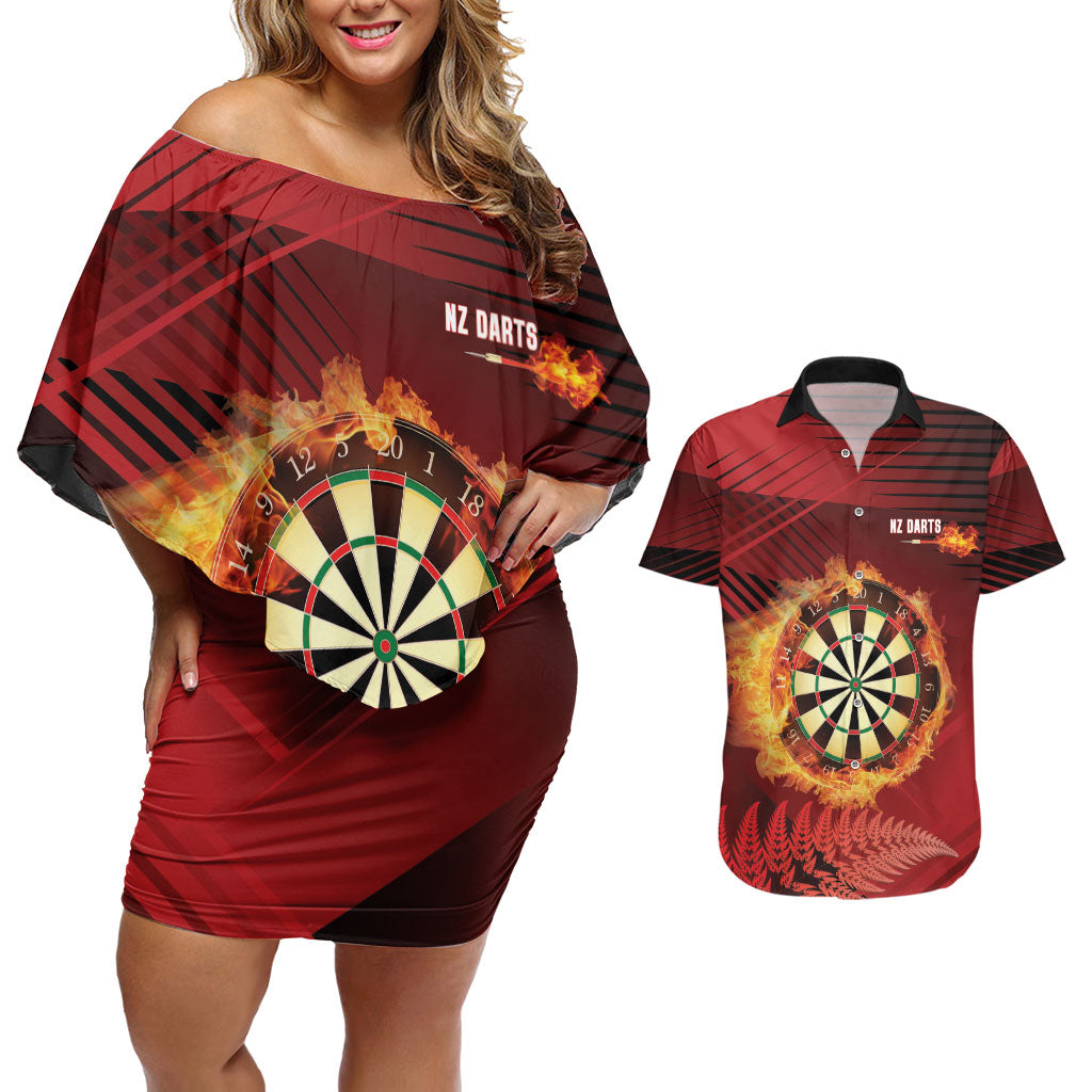 Personalised Darts New Zealand Couples Matching Off Shoulder Short Dress and Hawaiian Shirt Silver Fern Red Color