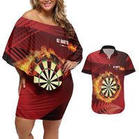 Personalised Darts New Zealand Couples Matching Off Shoulder Short Dress and Hawaiian Shirt Silver Fern Red Color