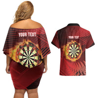Personalised Darts New Zealand Couples Matching Off Shoulder Short Dress and Hawaiian Shirt Silver Fern Red Color