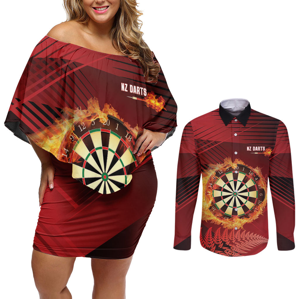 Personalised Darts New Zealand Couples Matching Off Shoulder Short Dress and Long Sleeve Button Shirt Silver Fern Red Color