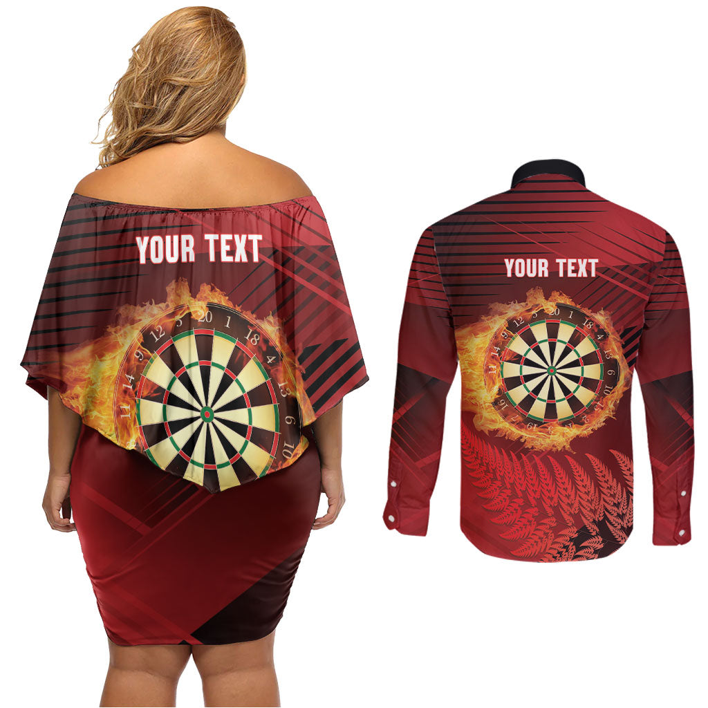 Personalised Darts New Zealand Couples Matching Off Shoulder Short Dress and Long Sleeve Button Shirt Silver Fern Red Color