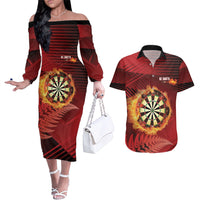 Personalised Darts New Zealand Couples Matching Off The Shoulder Long Sleeve Dress and Hawaiian Shirt Silver Fern Red Color