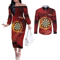 Personalised Darts New Zealand Couples Matching Off The Shoulder Long Sleeve Dress and Long Sleeve Button Shirt Silver Fern Red Color LT22 Red - Polynesian Pride