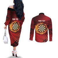 Personalised Darts New Zealand Couples Matching Off The Shoulder Long Sleeve Dress and Long Sleeve Button Shirt Silver Fern Red Color LT22 - Polynesian Pride
