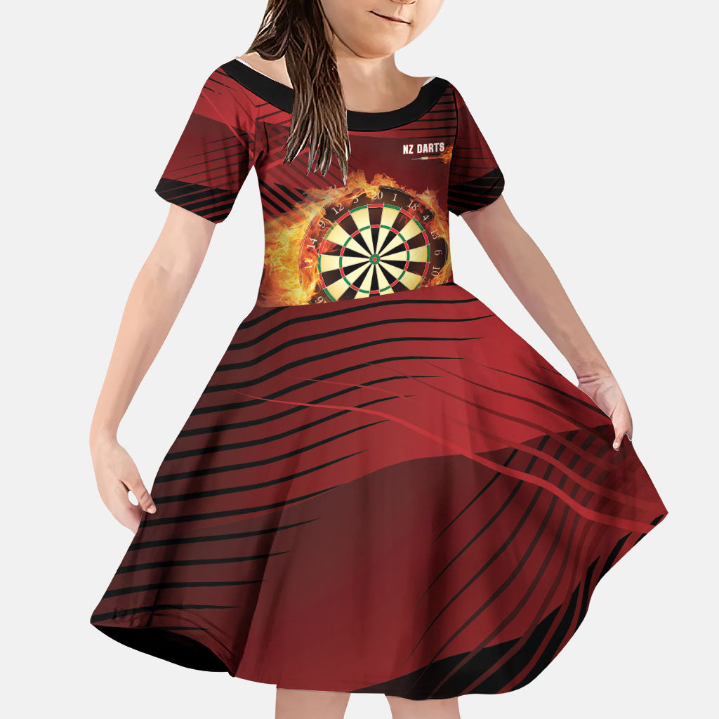 Personalised Darts New Zealand Family Matching Long Sleeve Bodycon Dress and Hawaiian Shirt Silver Fern Red Color LT22 Daughter's Dress Red - Polynesian Pride
