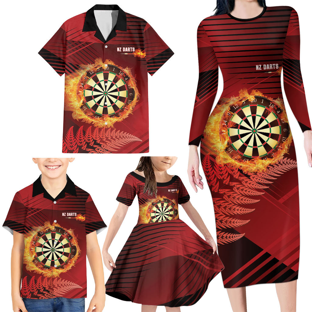 Personalised Darts New Zealand Family Matching Long Sleeve Bodycon Dress and Hawaiian Shirt Silver Fern Red Color LT22 - Polynesian Pride