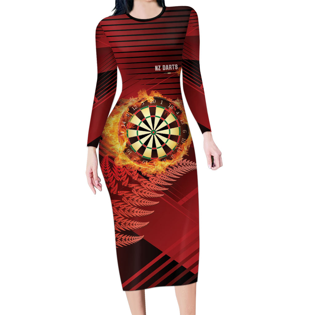 Personalised Darts New Zealand Family Matching Long Sleeve Bodycon Dress and Hawaiian Shirt Silver Fern Red Color LT22 Mom's Dress Red - Polynesian Pride