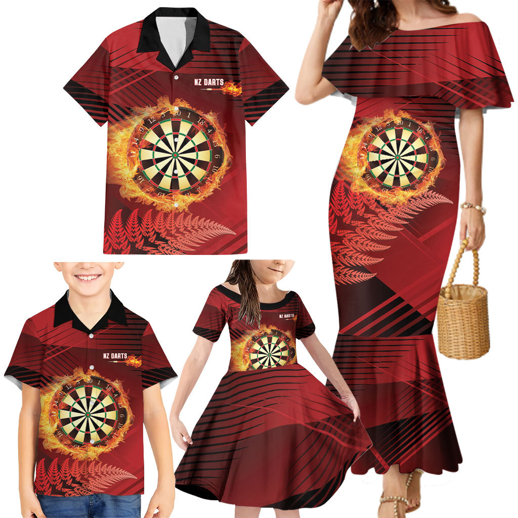 Personalised Darts New Zealand Family Matching Mermaid Dress and Hawaiian Shirt Silver Fern Red Color