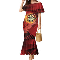 Personalised Darts New Zealand Family Matching Mermaid Dress and Hawaiian Shirt Silver Fern Red Color