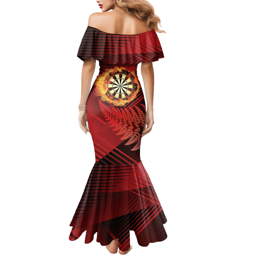 Personalised Darts New Zealand Family Matching Mermaid Dress and Hawaiian Shirt Silver Fern Red Color