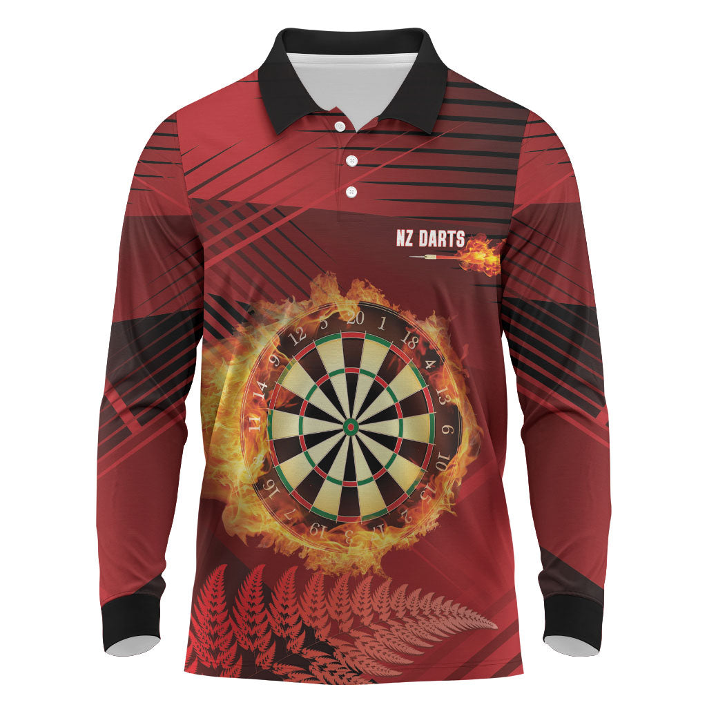 Personalised Darts New Zealand Long Sleeve Polo Shirt Silver Fern Red Color LT22 Red - Polynesian Pride
