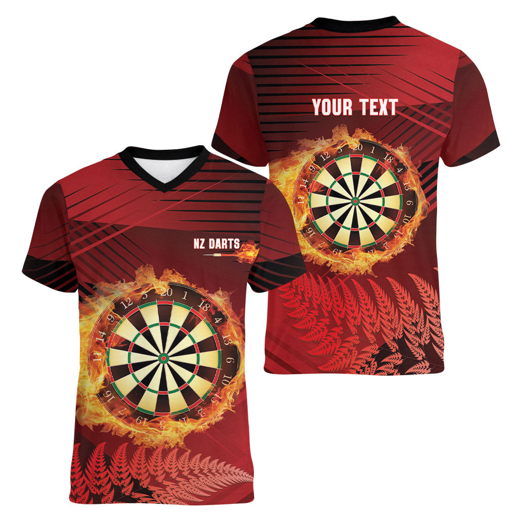 Personalised Darts New Zealand Women V-Neck T-Shirt Silver Fern Red Color