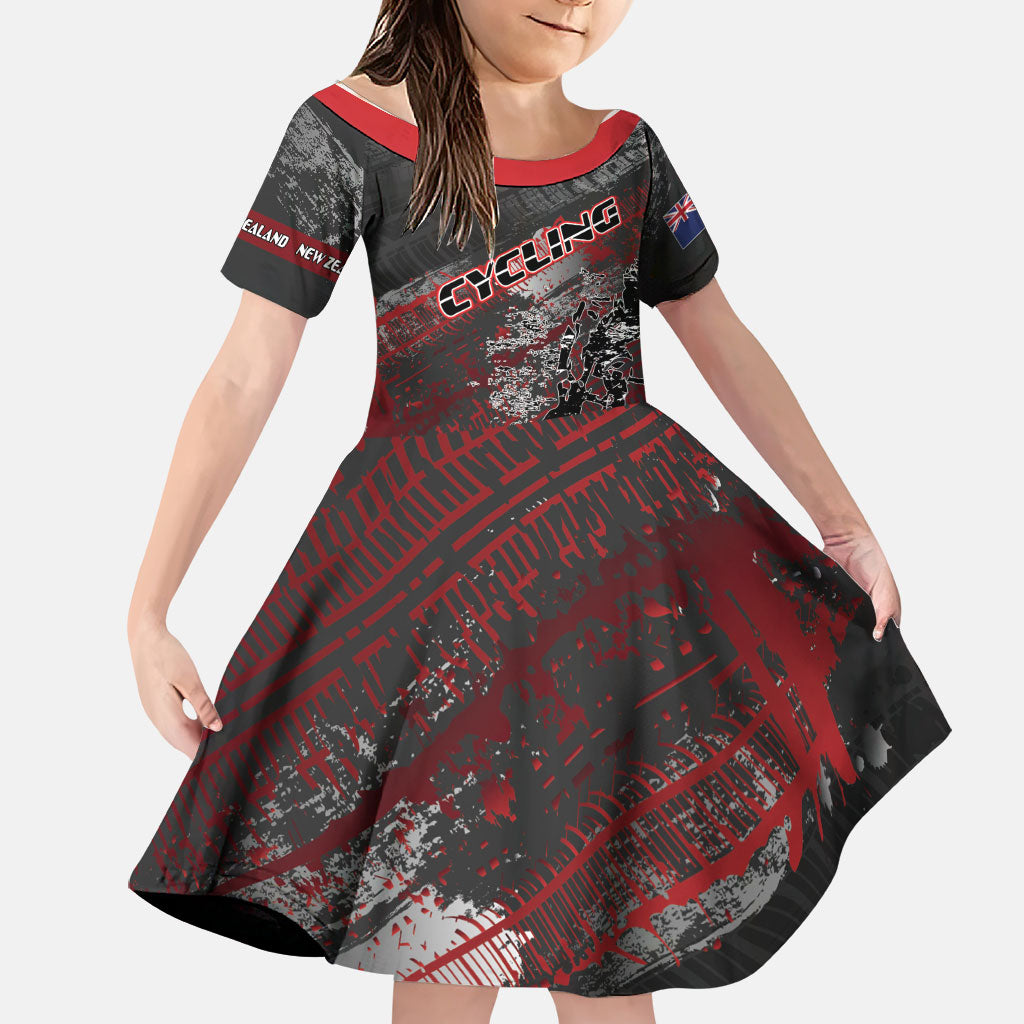 Personalised Cycling New Zealand Family Matching Off The Shoulder Long Sleeve Dress and Hawaiian Shirt Aotearoa Pride Sportswear LT22 Daughter's Dress Red - Polynesian Pride