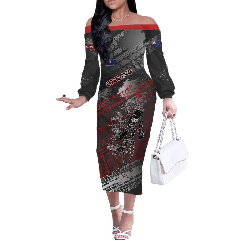 Personalised Cycling New Zealand Family Matching Off The Shoulder Long Sleeve Dress and Hawaiian Shirt Aotearoa Pride Sportswear LT22 Mom's Dress Red - Polynesian Pride
