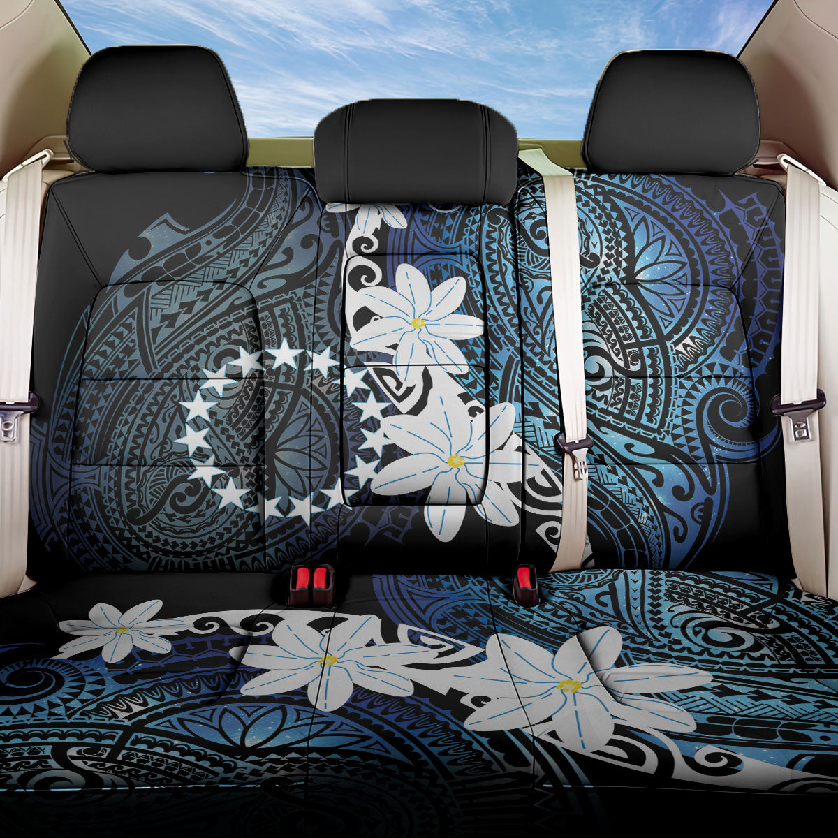 Cook Islands Maori Language Week Back Car Seat Cover Tiare Maori Kuki Airani Blue Pattern LT22 One Size Blue - Polynesian Pride