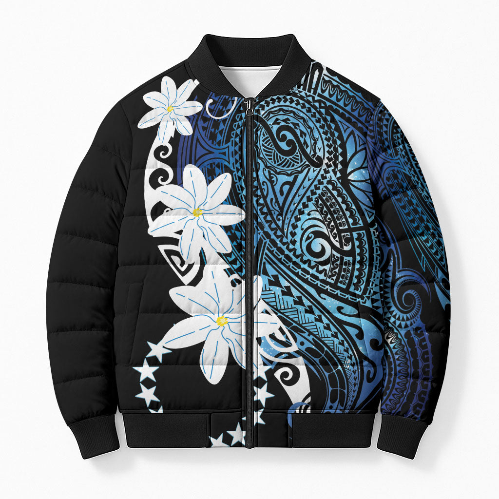 Cook Islands Maori Language Week Bomber Puffer Jacket Tiare Maori Kuki Airani Blue Pattern LT22 Unisex Blue - Polynesian Pride