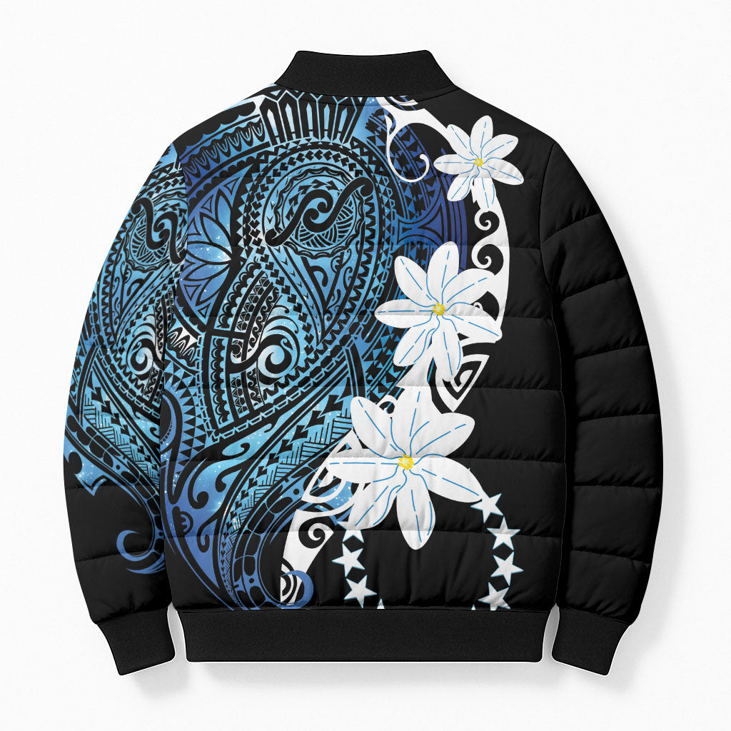 Cook Islands Maori Language Week Bomber Puffer Jacket Tiare Maori Kuki Airani Blue Pattern