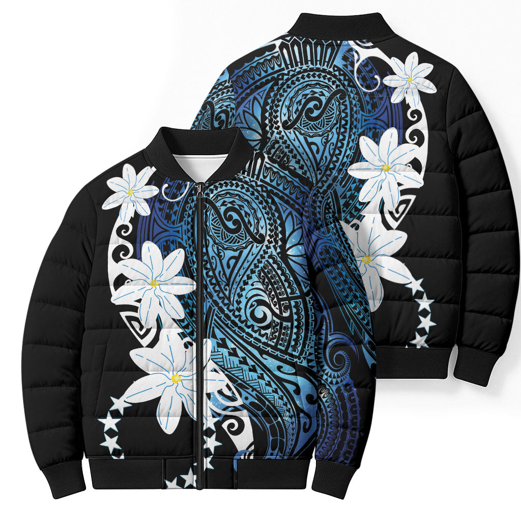 Cook Islands Maori Language Week Bomber Puffer Jacket Tiare Maori Kuki Airani Blue Pattern