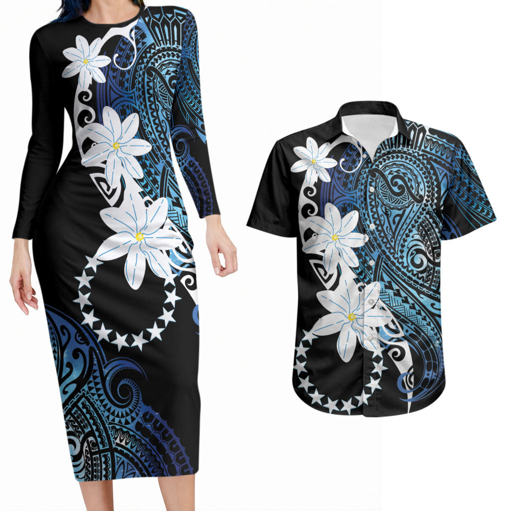 Cook Islands Maori Language Week Couples Matching Long Sleeve Bodycon Dress and Hawaiian Shirt Tiare Maori Kuki Airani Blue Pattern LT22 Blue - Polynesian Pride