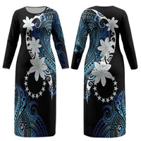 Cook Islands Maori Language Week Couples Matching Long Sleeve Bodycon Dress and Hawaiian Shirt Tiare Maori Kuki Airani Blue Pattern LT22 - Polynesian Pride
