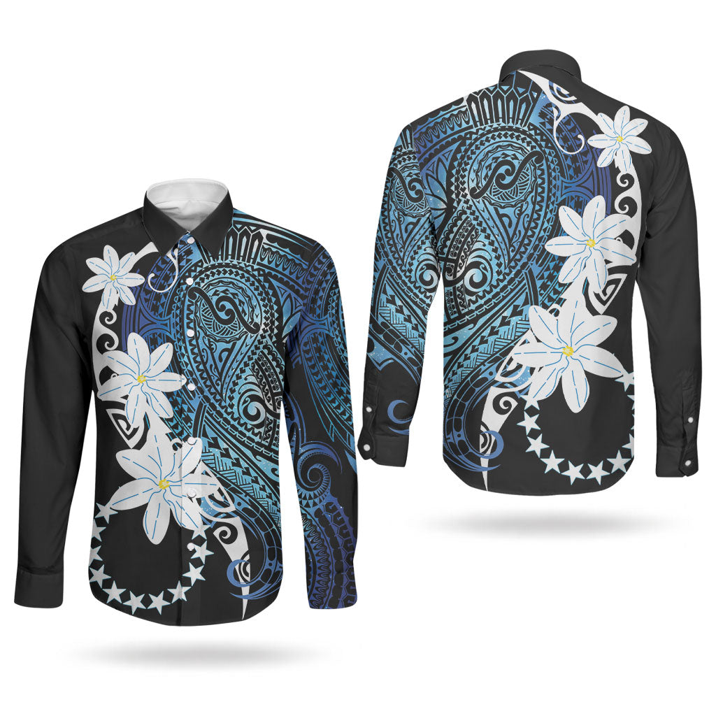 Cook Islands Maori Language Week Couples Matching Long Sleeve Bodycon Dress and Long Sleeve Button Shirt Tiare Maori Kuki Airani Blue Pattern LT22 - Polynesian Pride