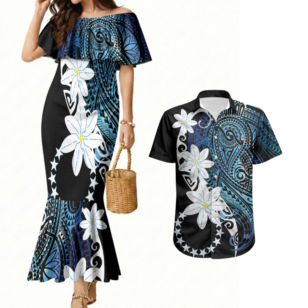 Cook Islands Maori Language Week Couples Matching Mermaid Dress and Hawaiian Shirt Tiare Maori Kuki Airani Blue Pattern LT22 Blue - Polynesian Pride