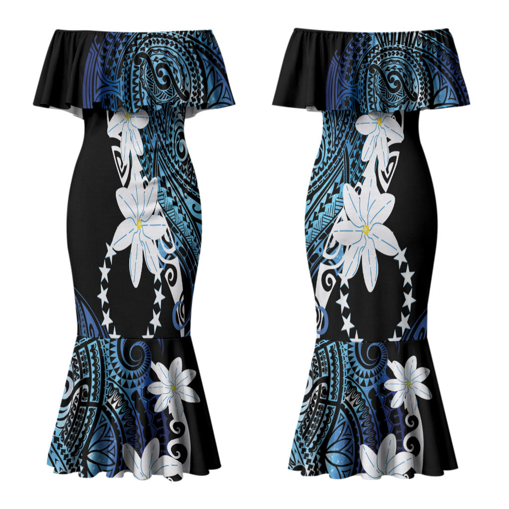 Cook Islands Maori Language Week Couples Matching Mermaid Dress and Hawaiian Shirt Tiare Maori Kuki Airani Blue Pattern LT22 - Polynesian Pride