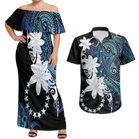 Cook Islands Maori Language Week Couples Matching Off Shoulder Maxi Dress and Hawaiian Shirt Tiare Maori Kuki Airani Blue Pattern