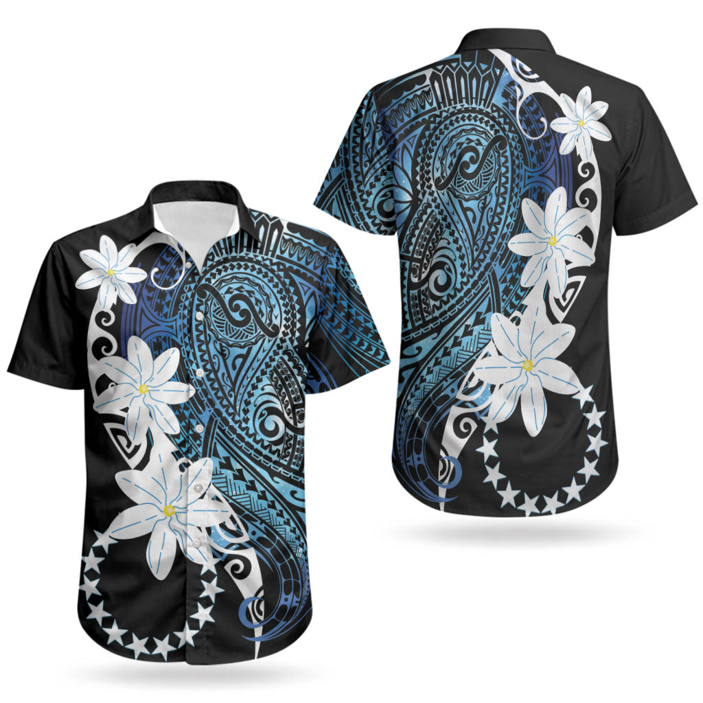 Cook Islands Maori Language Week Couples Matching Puletasi and Hawaiian Shirt Tiare Maori Kuki Airani Blue Pattern LT22 - Polynesian Pride