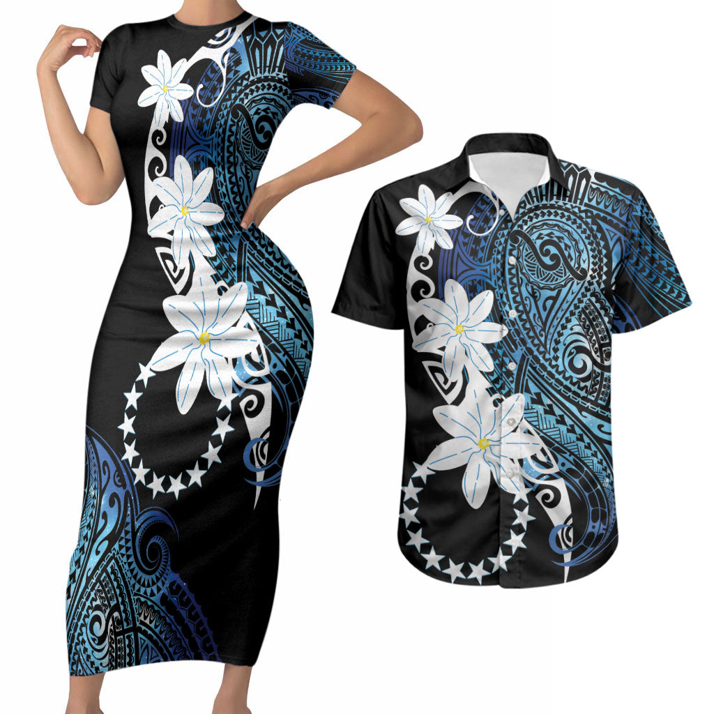 Cook Islands Maori Language Week Couples Matching Short Sleeve Bodycon Dress and Hawaiian Shirt Tiare Maori Kuki Airani Blue Pattern LT22 Blue - Polynesian Pride