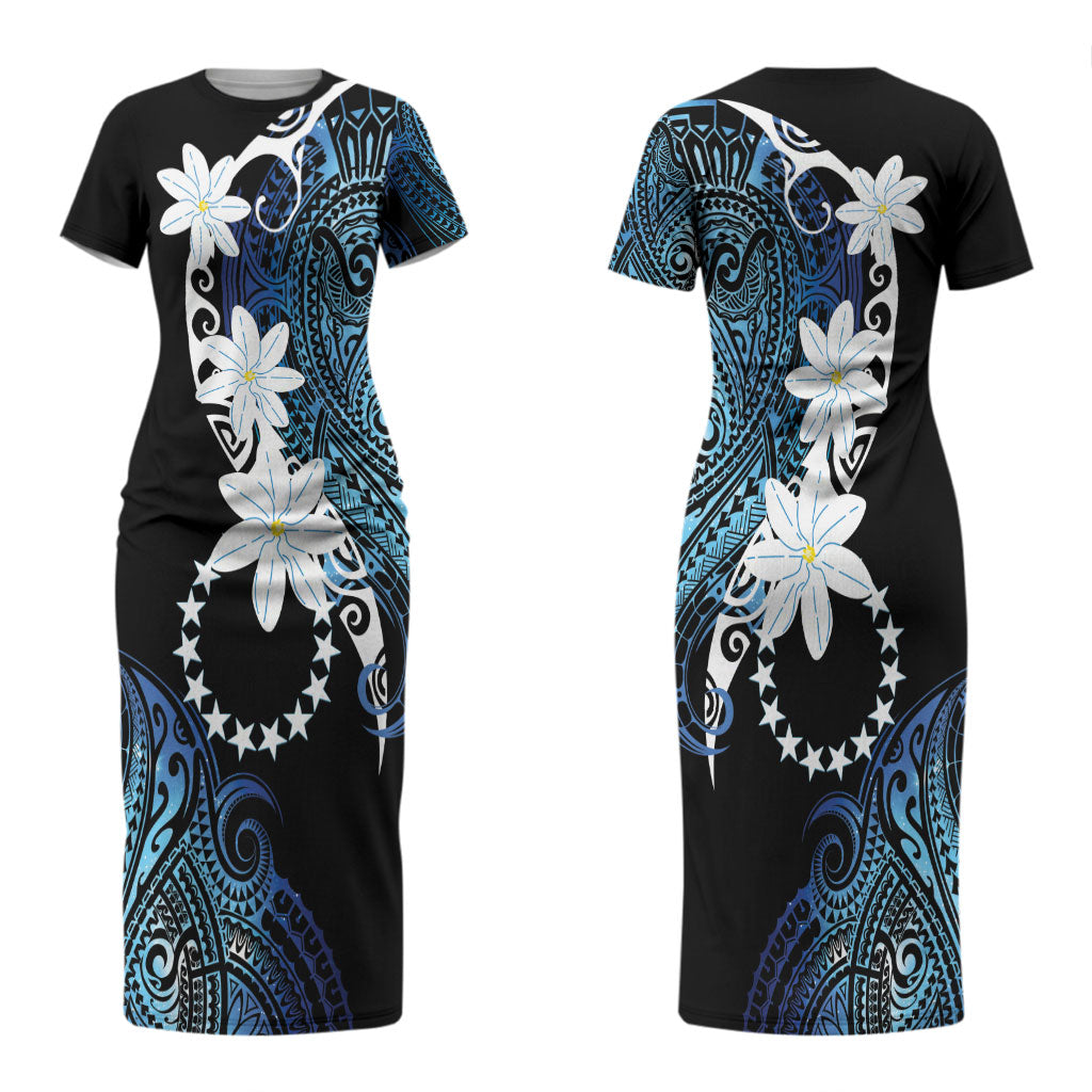 Cook Islands Maori Language Week Couples Matching Short Sleeve Bodycon Dress and Hawaiian Shirt Tiare Maori Kuki Airani Blue Pattern LT22 - Polynesian Pride