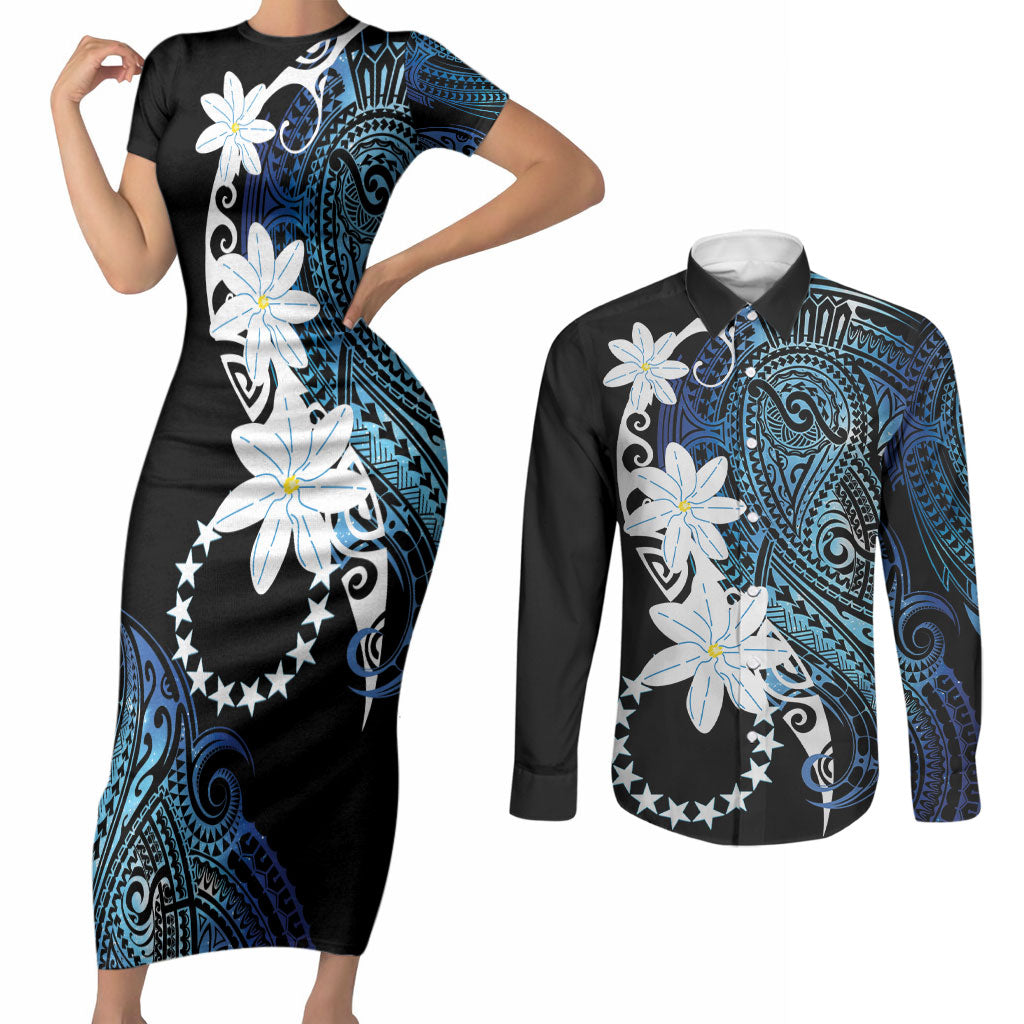 Cook Islands Maori Language Week Couples Matching Short Sleeve Bodycon Dress and Long Sleeve Button Shirt Tiare Maori Kuki Airani Blue Pattern