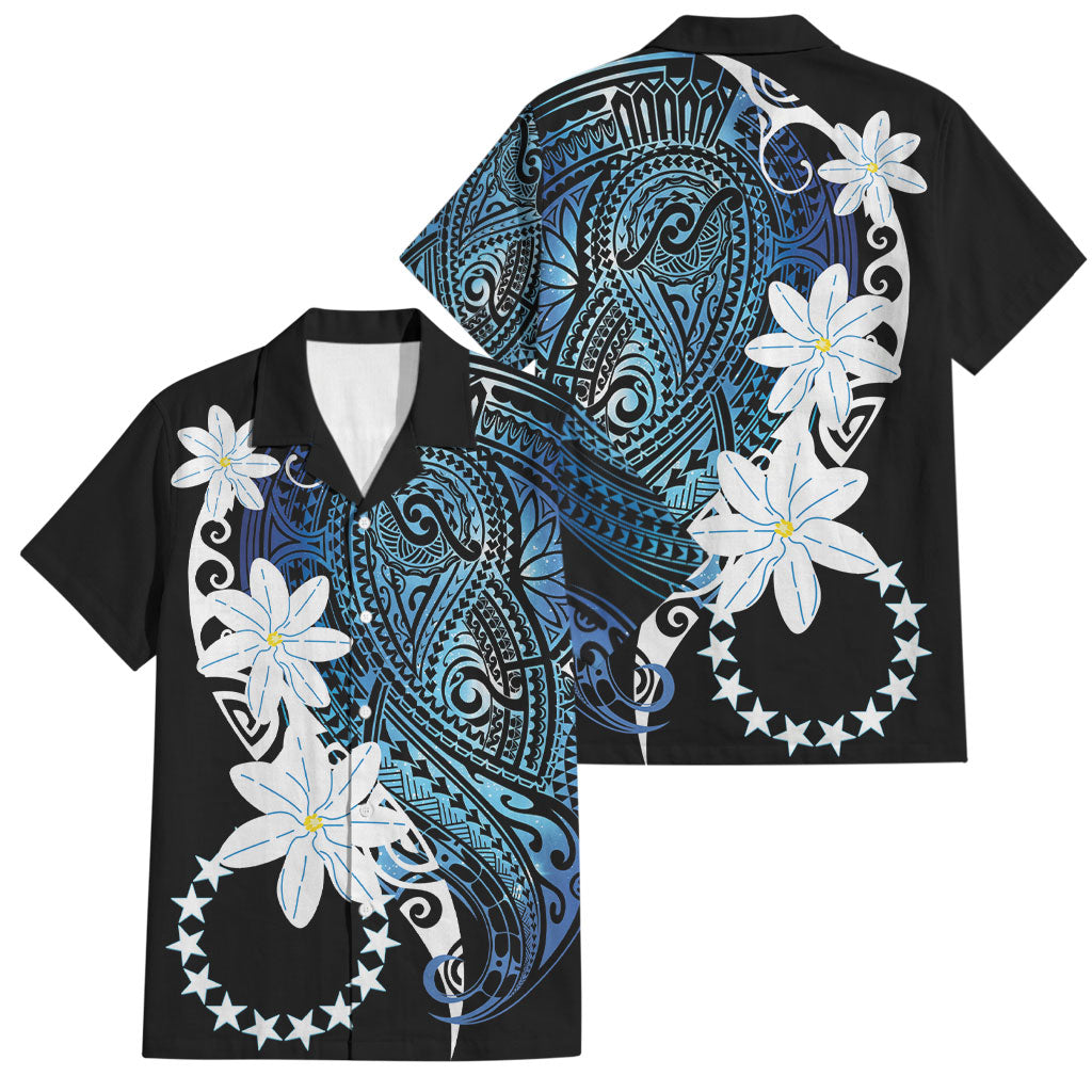 Cook Islands Maori Language Week Family Matching Mermaid Dress and Hawaiian Shirt Tiare Maori Kuki Airani Blue Pattern LT22 Dad's Shirt - Short Sleeve Blue - Polynesian Pride