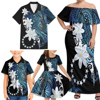 Cook Islands Maori Language Week Family Matching Off Shoulder Maxi Dress and Hawaiian Shirt Tiare Maori Kuki Airani Blue Pattern LT22 - Polynesian Pride