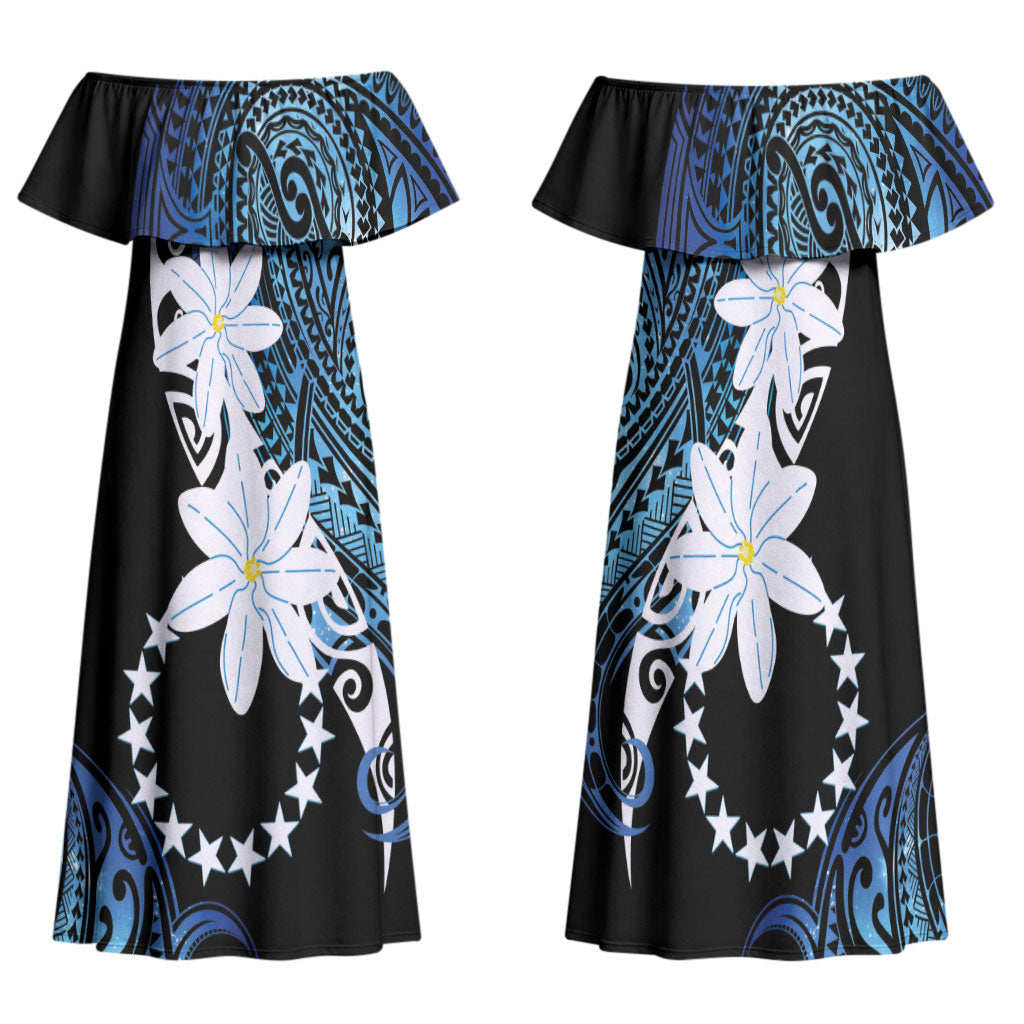 Cook Islands Maori Language Week Family Matching Off Shoulder Maxi Dress and Hawaiian Shirt Tiare Maori Kuki Airani Blue Pattern LT22 Mom's Dress Blue - Polynesian Pride