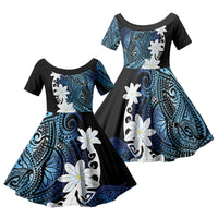 Cook Islands Maori Language Week Family Matching Off Shoulder Maxi Dress and Hawaiian Shirt Tiare Maori Kuki Airani Blue Pattern LT22 Daughter's Dress Blue - Polynesian Pride