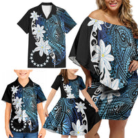 Cook Islands Maori Language Week Family Matching Off Shoulder Short Dress and Hawaiian Shirt Tiare Maori Kuki Airani Blue Pattern LT22 - Polynesian Pride