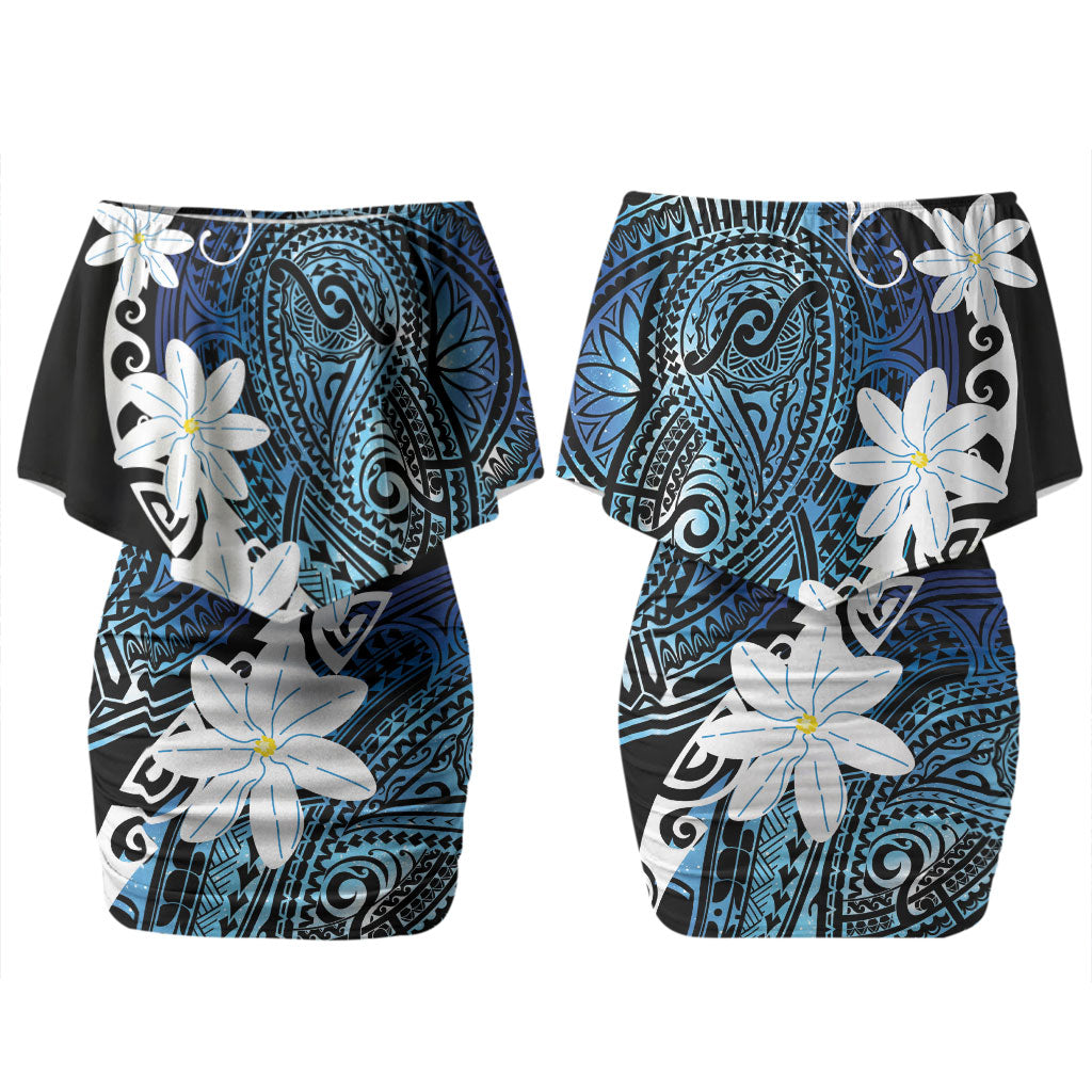 Cook Islands Maori Language Week Family Matching Off Shoulder Short Dress and Hawaiian Shirt Tiare Maori Kuki Airani Blue Pattern LT22 Mom's Dress Blue - Polynesian Pride