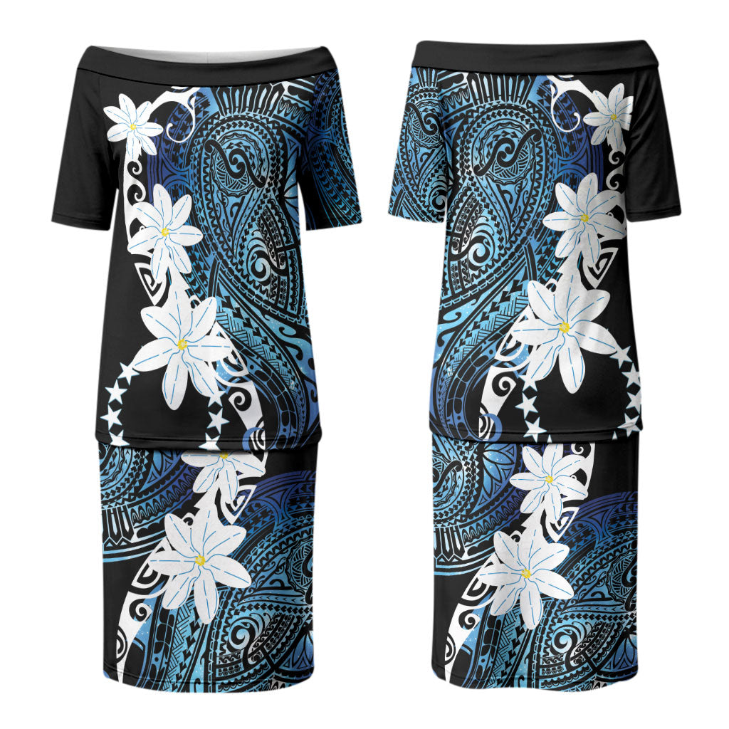 Cook Islands Maori Language Week Family Matching Puletasi and Hawaiian Shirt Tiare Maori Kuki Airani Blue Pattern LT22 Mom's Dress Blue - Polynesian Pride