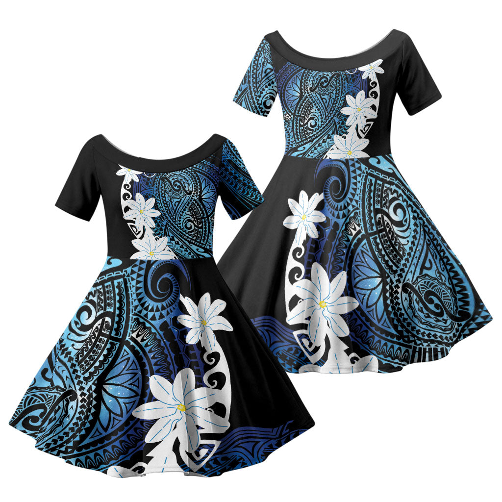 Cook Islands Maori Language Week Family Matching Short Sleeve Bodycon Dress and Hawaiian Shirt Tiare Maori Kuki Airani Blue Pattern