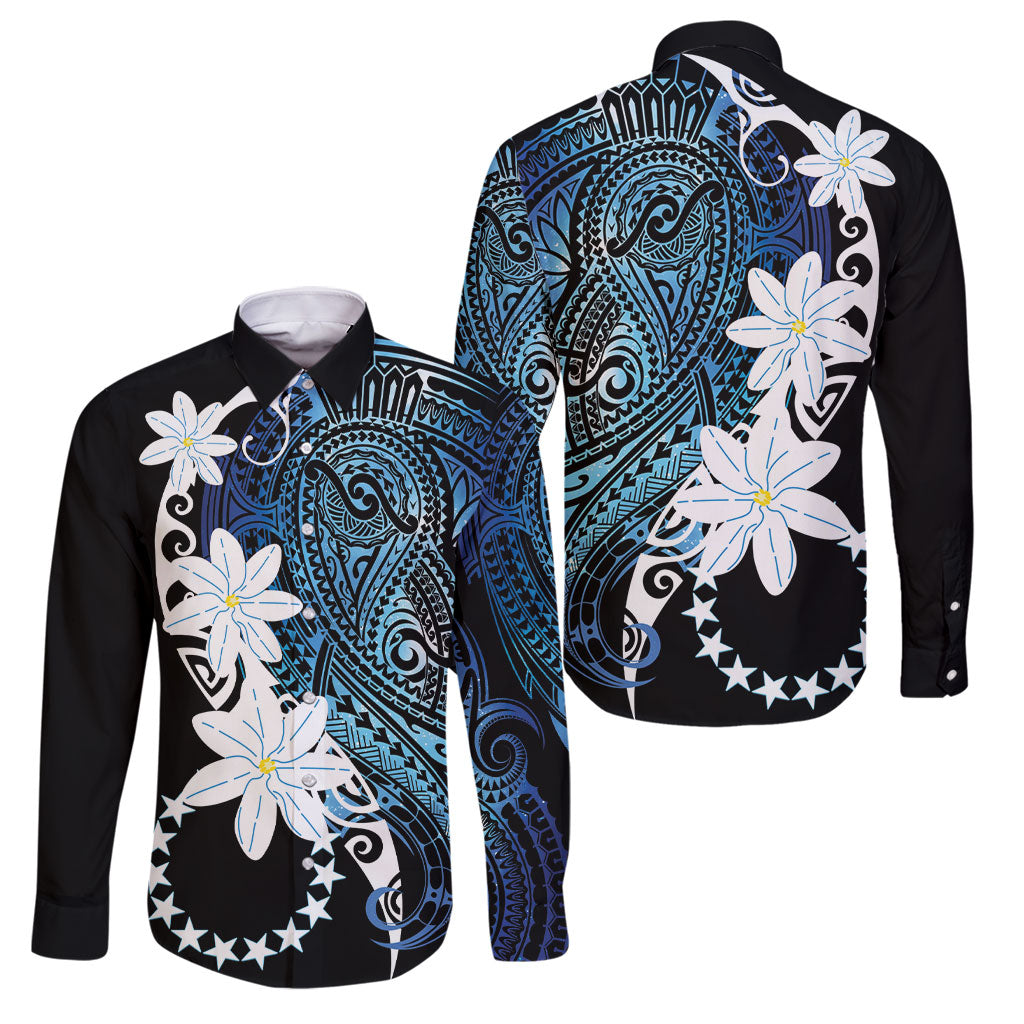Cook Islands Maori Language Week Family Matching Summer Maxi Dress and Hawaiian Shirt Tiare Maori Kuki Airani Blue Pattern LT22 Dad's Shirt - Long Sleeve Blue - Polynesian Pride