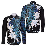 Cook Islands Maori Language Week Family Matching Summer Maxi Dress and Hawaiian Shirt Tiare Maori Kuki Airani Blue Pattern LT22 Dad's Shirt - Long Sleeve Blue - Polynesian Pride