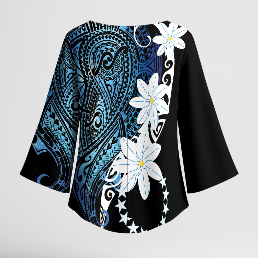 Cook Islands Maori Language Week Kimono Sleeve Blouse Tiare Maori Kuki Airani Blue Pattern