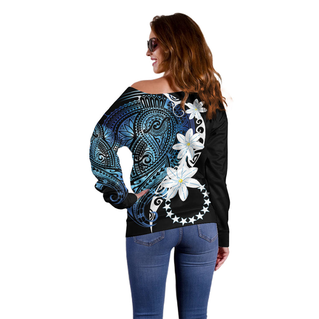 Cook Islands Maori Language Week Off Shoulder Sweater Tiare Maori Kuki Airani Blue Pattern