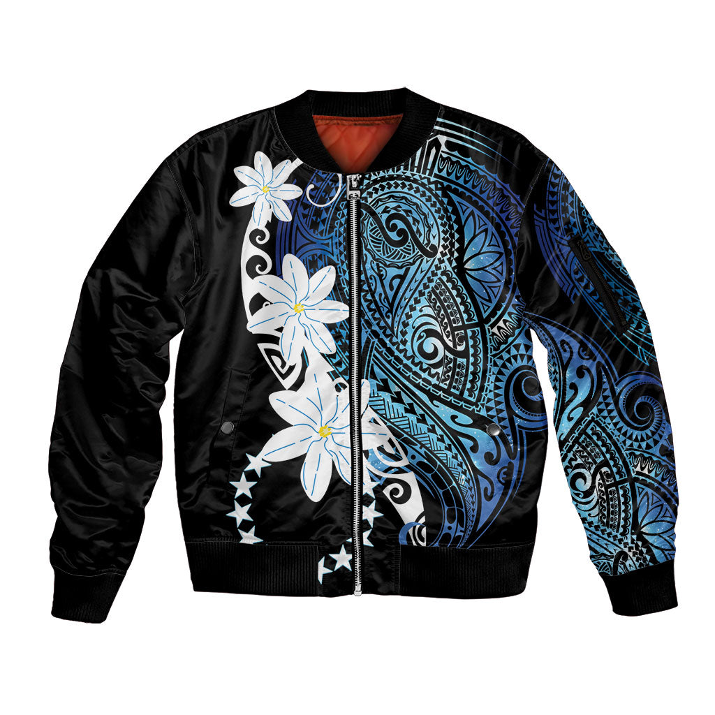 Cook Islands Maori Language Week Sleeve Zip Bomber Jacket Tiare Maori Kuki Airani Blue Pattern LT22 Unisex Blue - Polynesian Pride