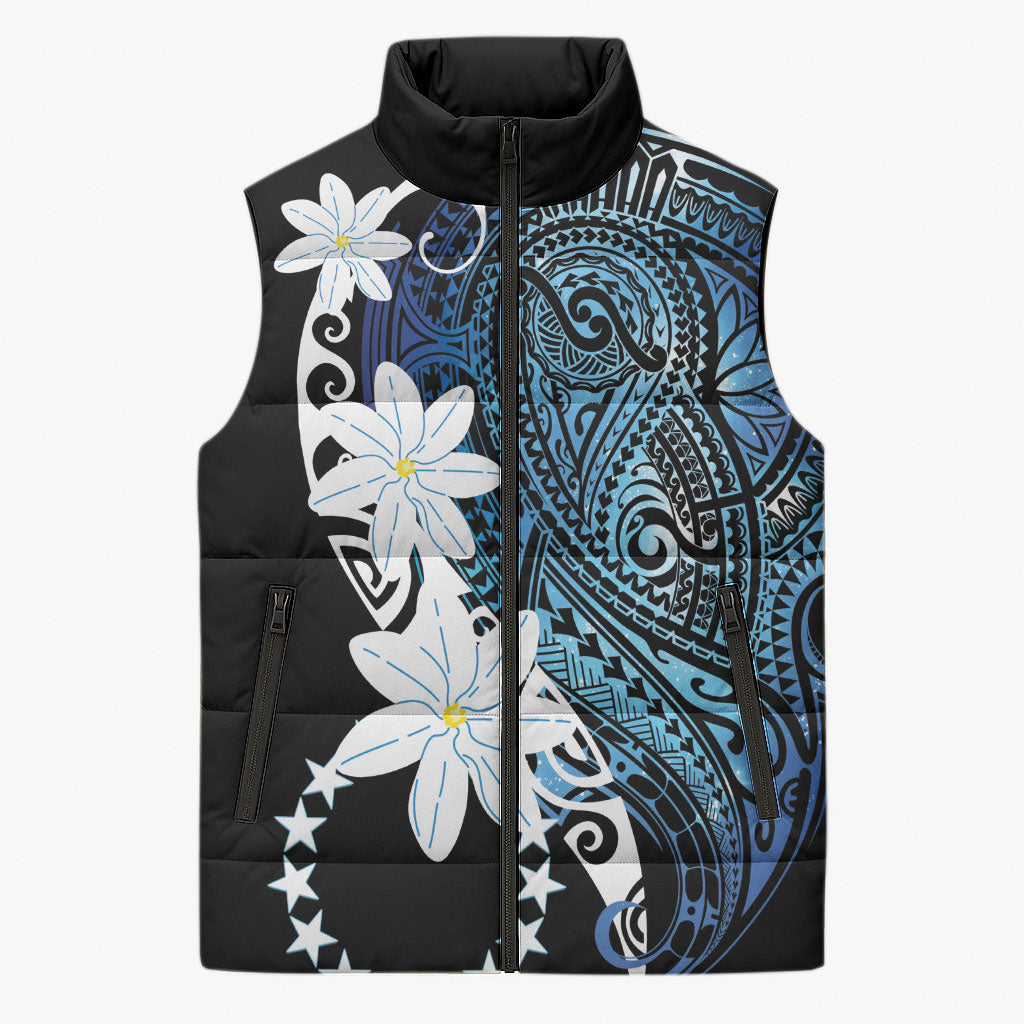 Cook Islands Maori Language Week Sleeveless Puffer Jacket Tiare Maori Kuki Airani Blue Pattern